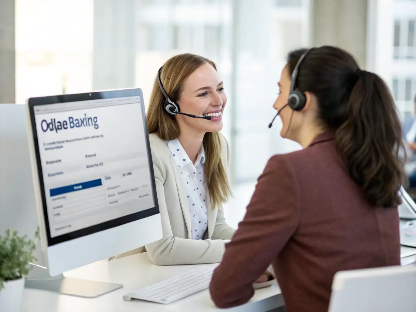 A professional image depicting an AI voice agent assisting a customer with a financial transaction, showcasing the application of Agent AI Voice in the banking sector.