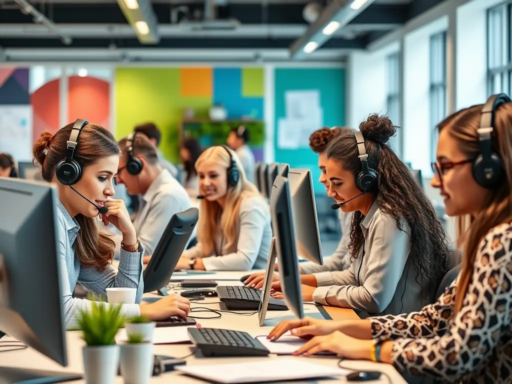 A high-resolution image depicting a diverse group of customer service agents collaborating with AI-powered voice assistants in a modern call center environment, showcasing the integration of human and artificial intelligence.