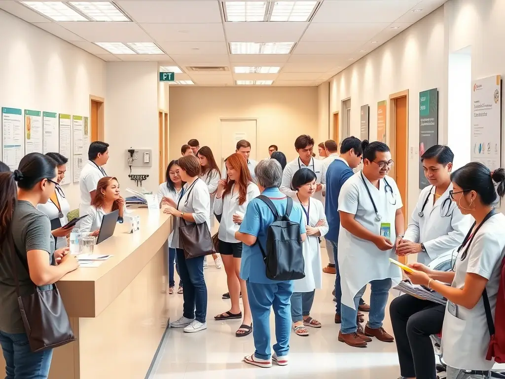 A vibrant image showing an AI voice agent scheduling appointments and providing information to patients in a healthcare setting.